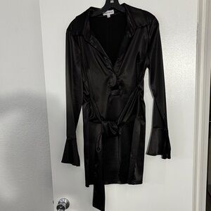 Elegant Black Satin Mini Dress with Flared Sleeves